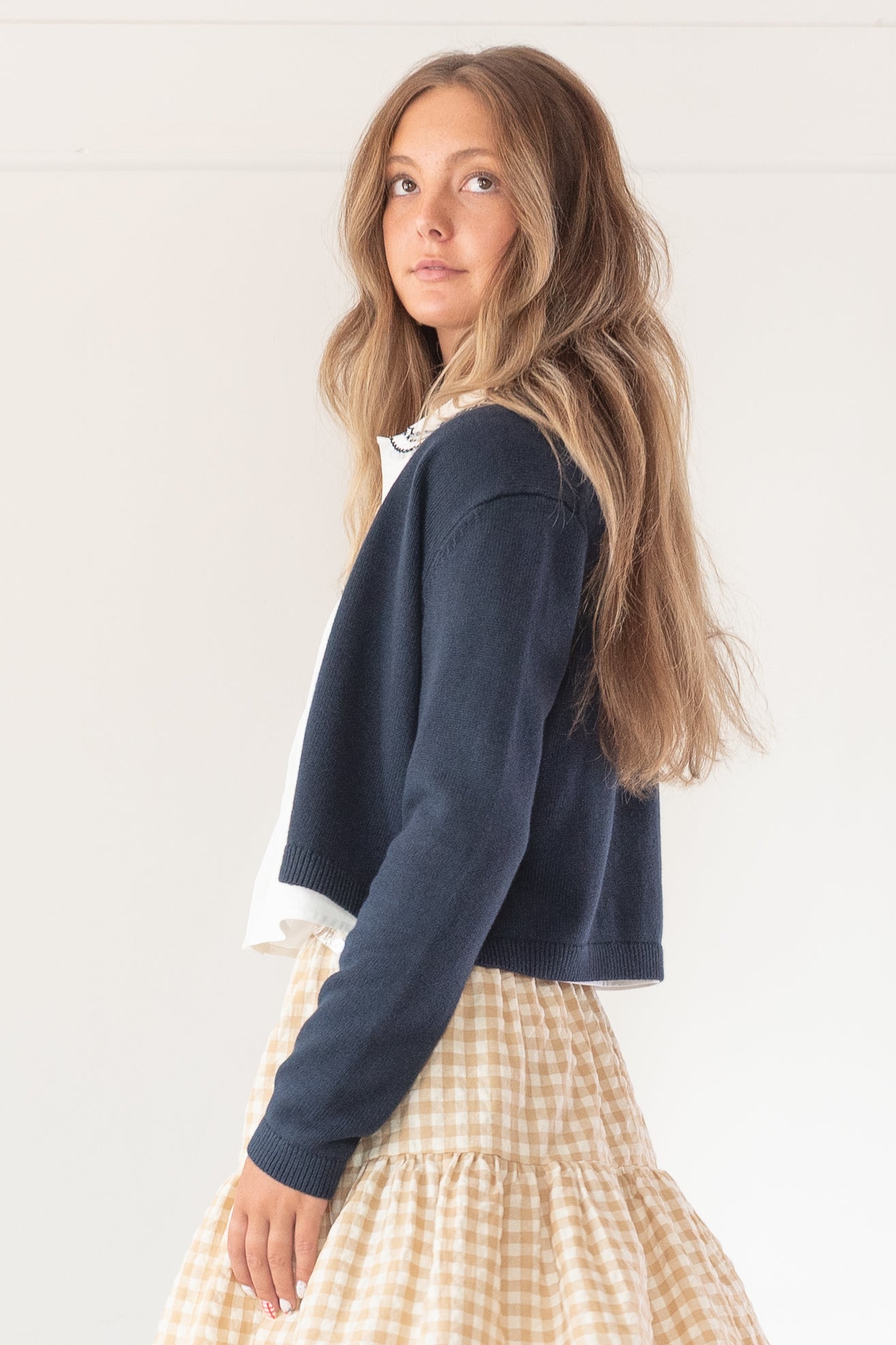 Navy Cotton Wool Cropped Cardigan - Adrienne | Amantine