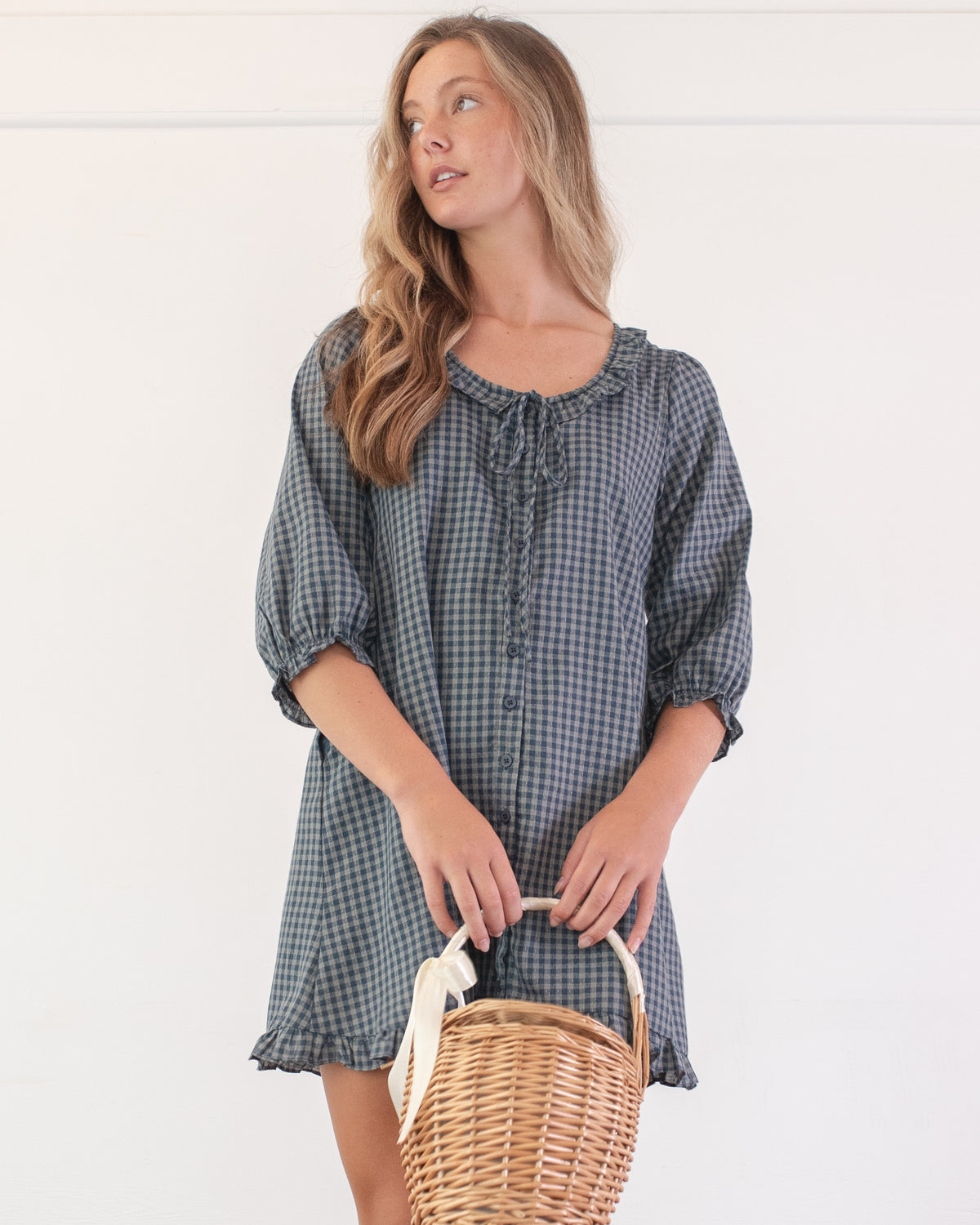 Navy gingham mini dress with tie neckline and button front, styled with a woven basket, model front view.