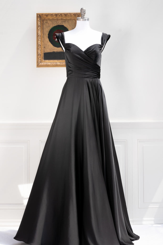 beautiful romantic prom dresses - long black satin prom gown. 2025. Front view. 