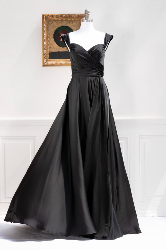beautiful romantic prom dresses - long black satin prom gown. 2025. Front view. 