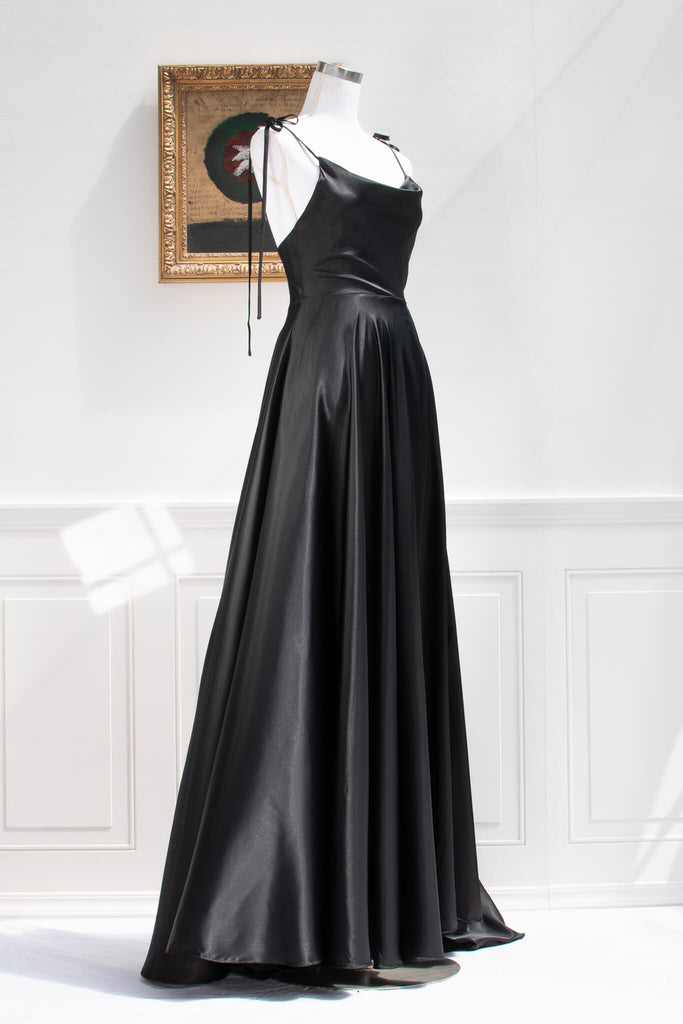 long black silk prom dress under 150. front view. 3/4 side view.
