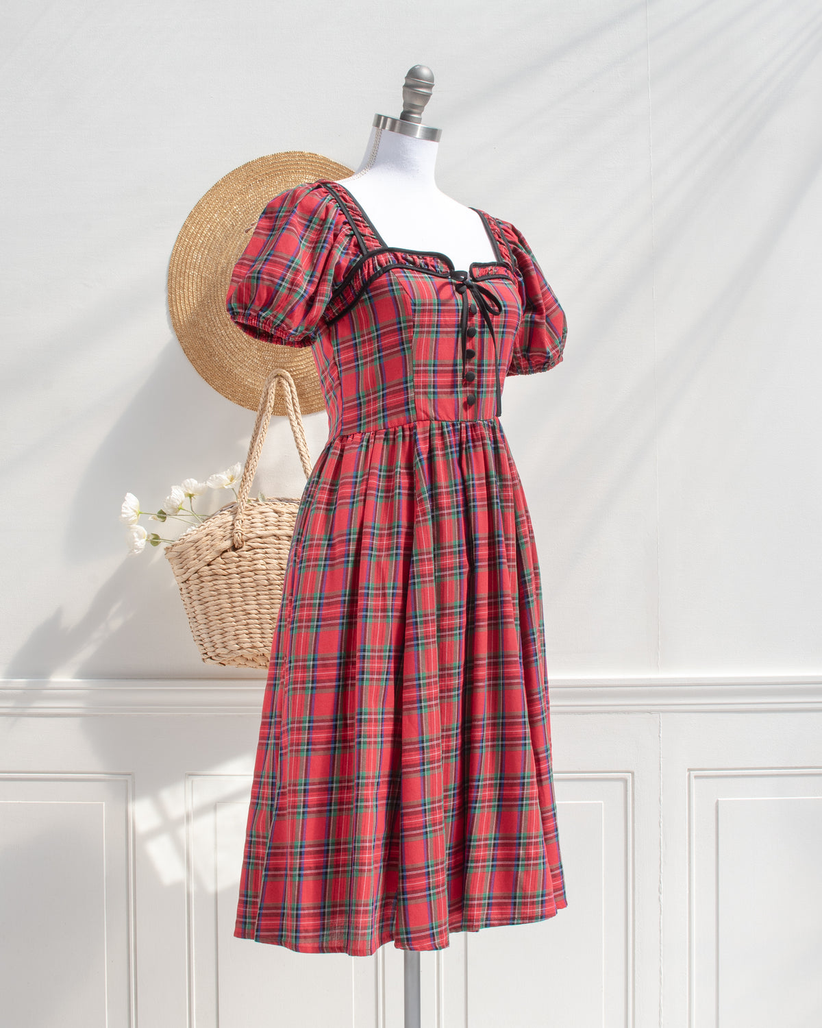 Feminine red plaid cotton midi dress, vintage inspired with a sweetheart square neckline, three quarter view.