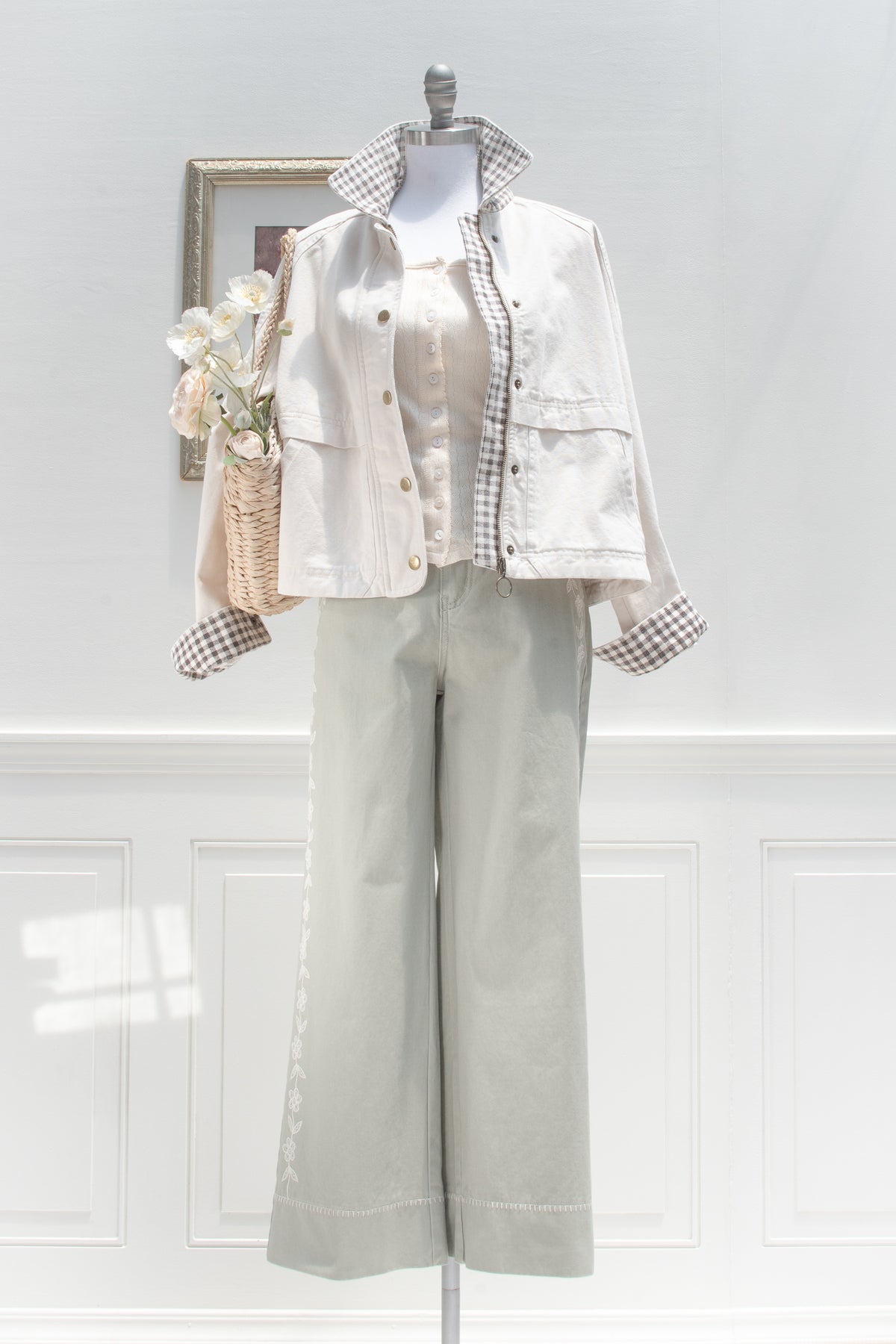 Sage cotton pants styled with a cream chore jacket, an effortless everyday look.