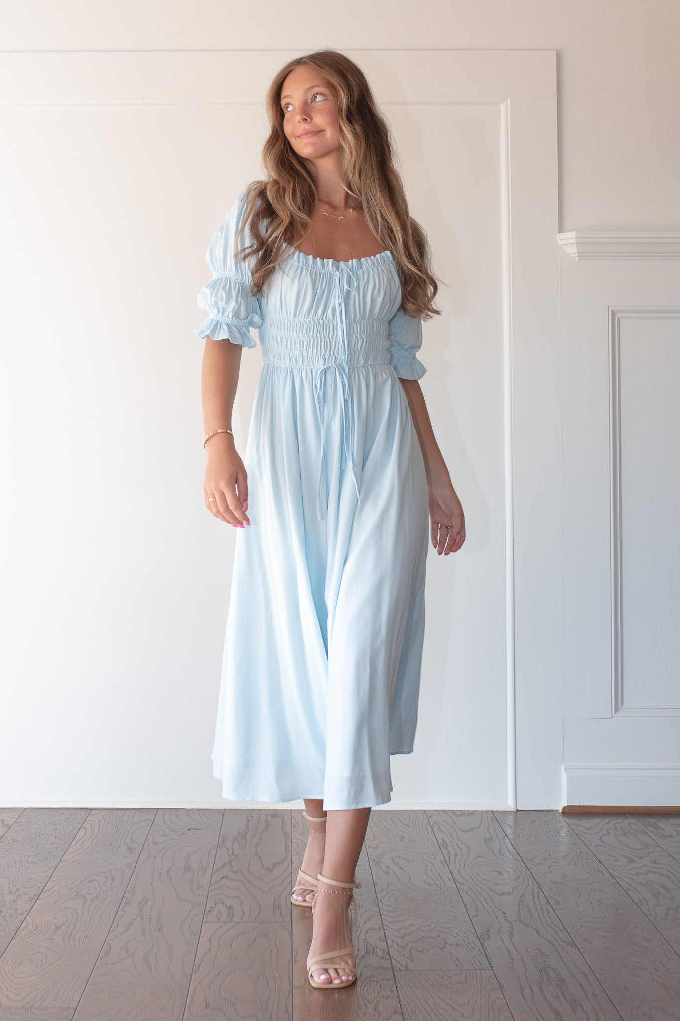Blue Linen Rayon Smocked Midi Dress - Chloe
