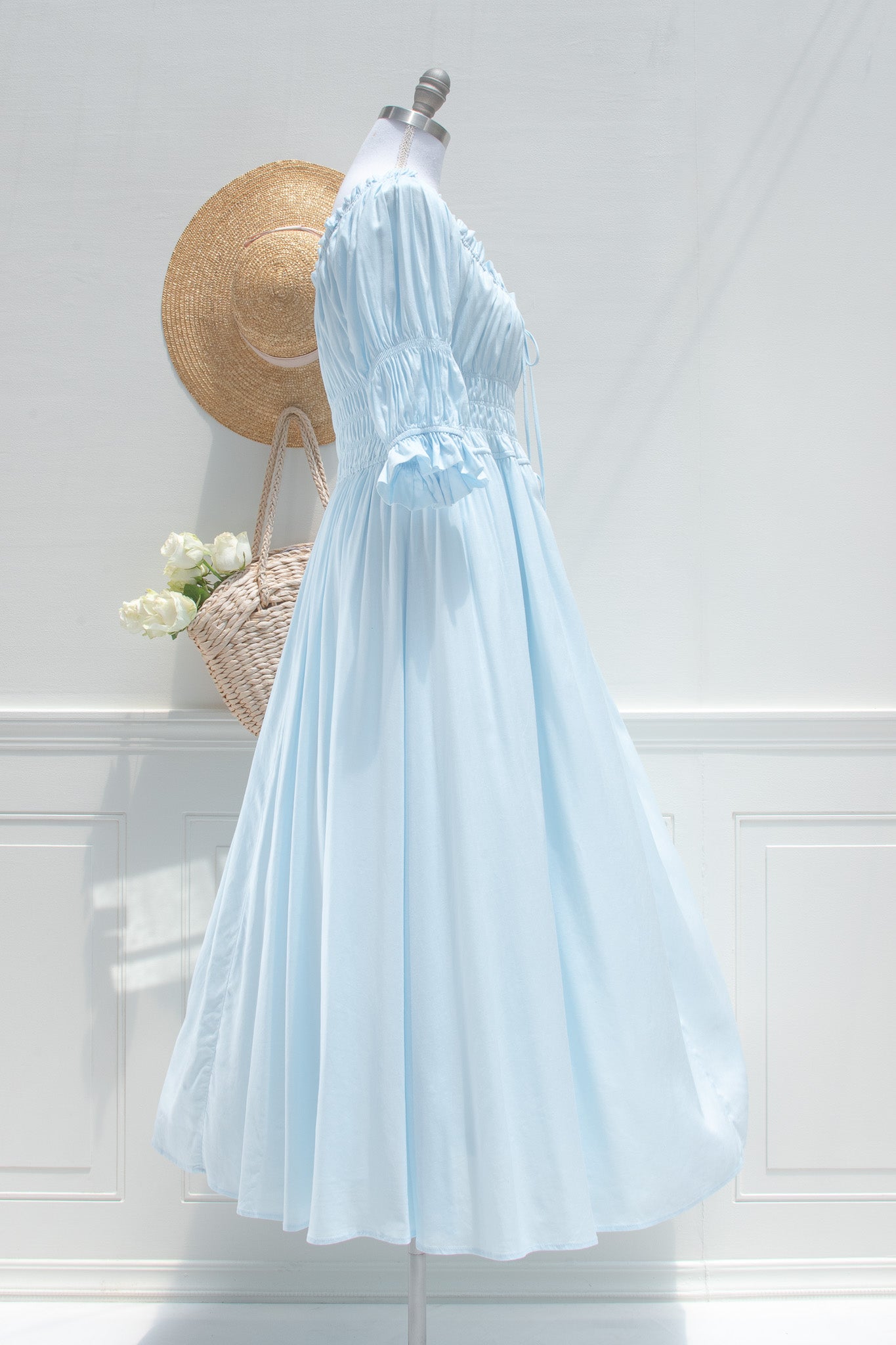 Blue Linen Rayon Smocked Midi Dress - Chloe