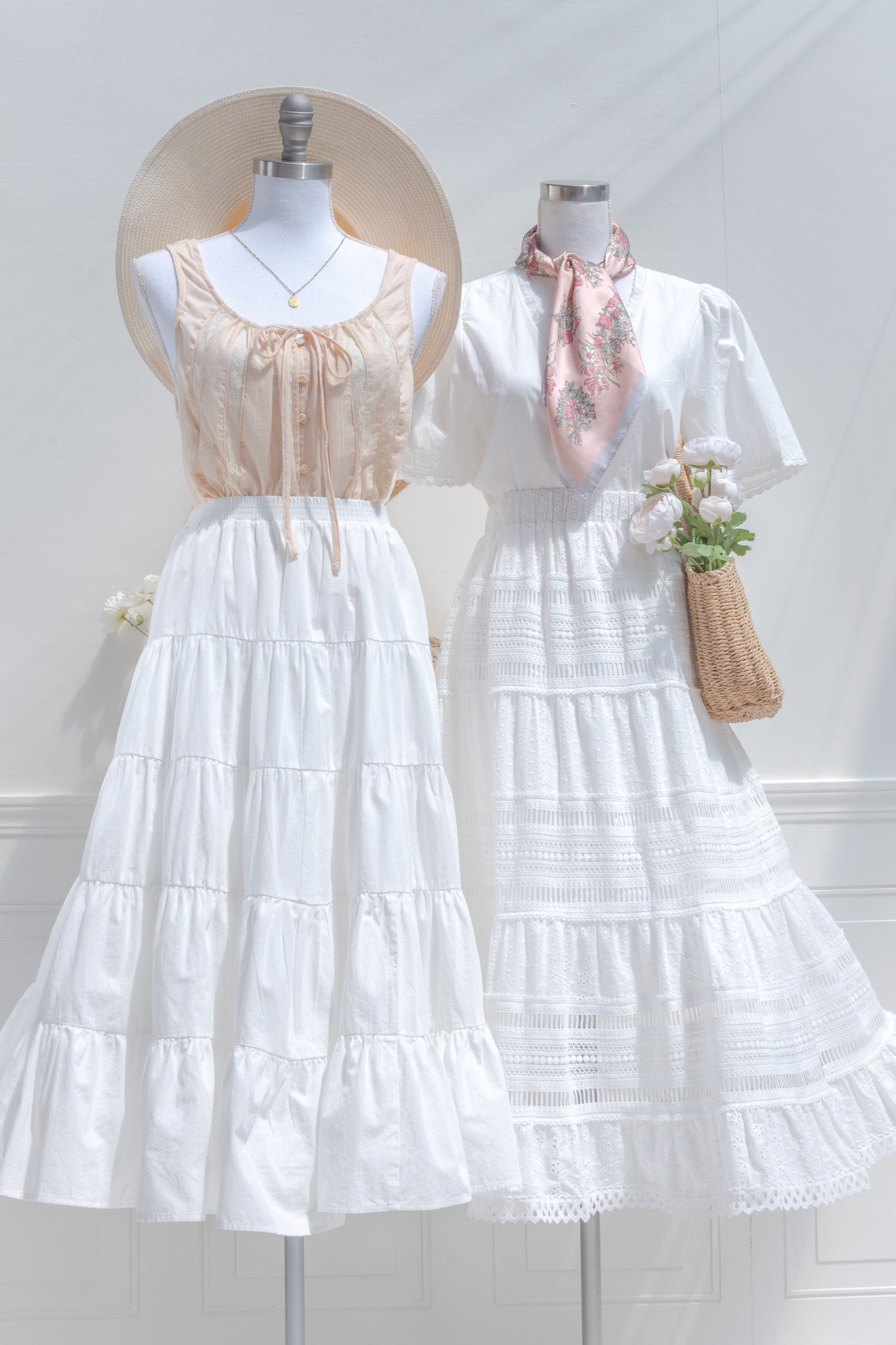 White Cotton Lace Tiered Midi Skirt – A-Line Elastic Waist Ruffle