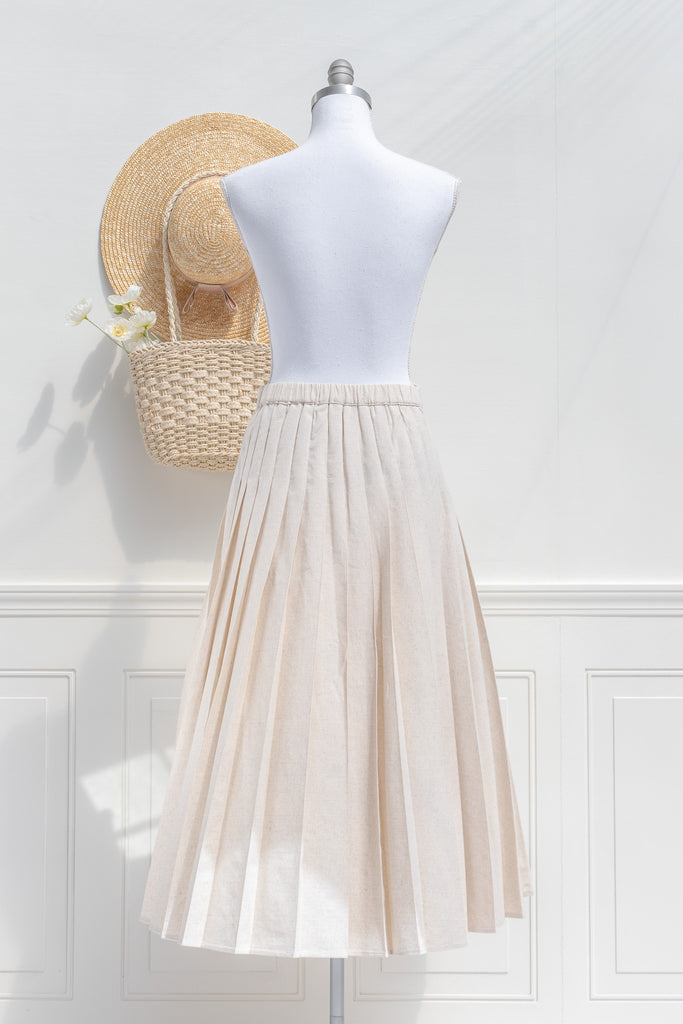 pleated elegant linen skirt french style. cottagecore skirt midi length - back view. 