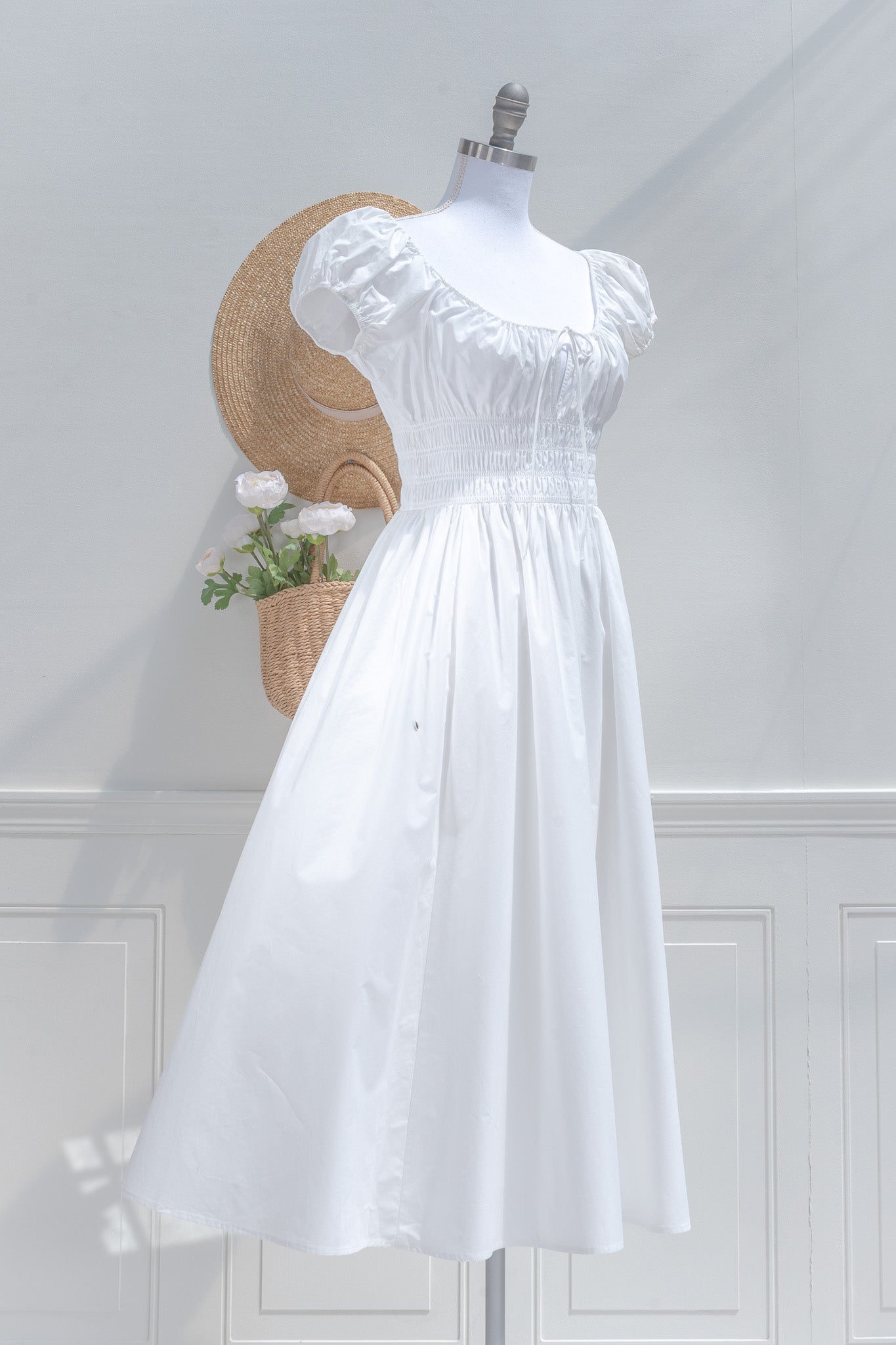 White Cotton Chemise Midi Dress – Smocked Waist Drawstring Neckline