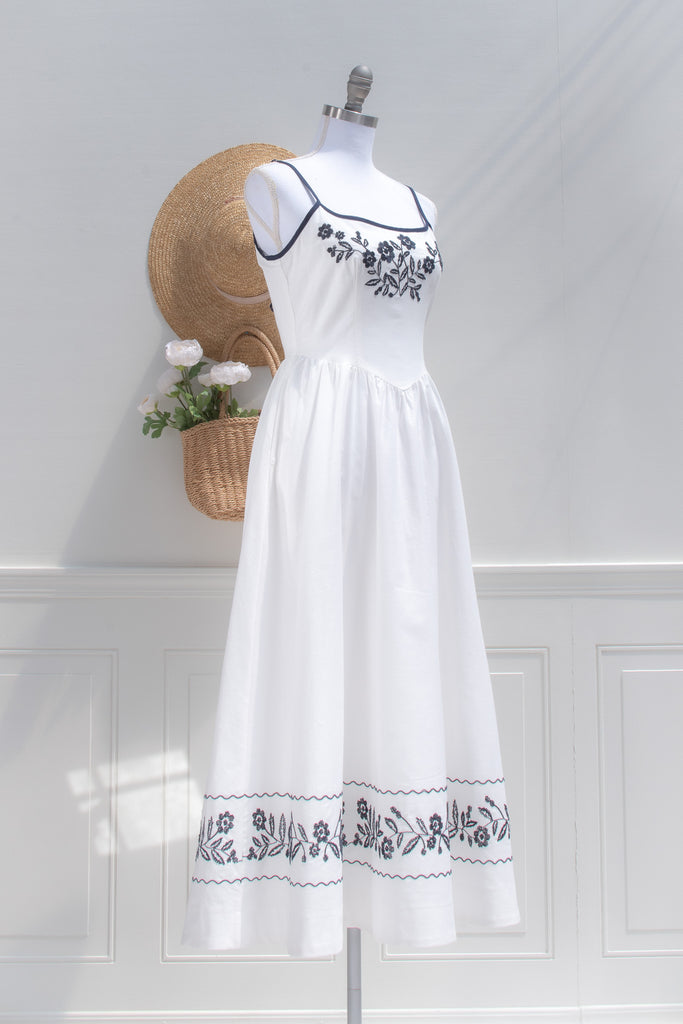 White Cotton Embroidered Midi Dress  Navy Trim Floral Border | Amantine Medium