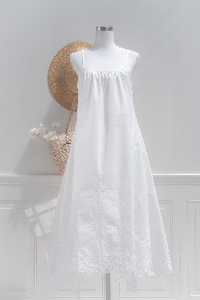 White Cotton Eyelet Midi Dress Cutwork Hem