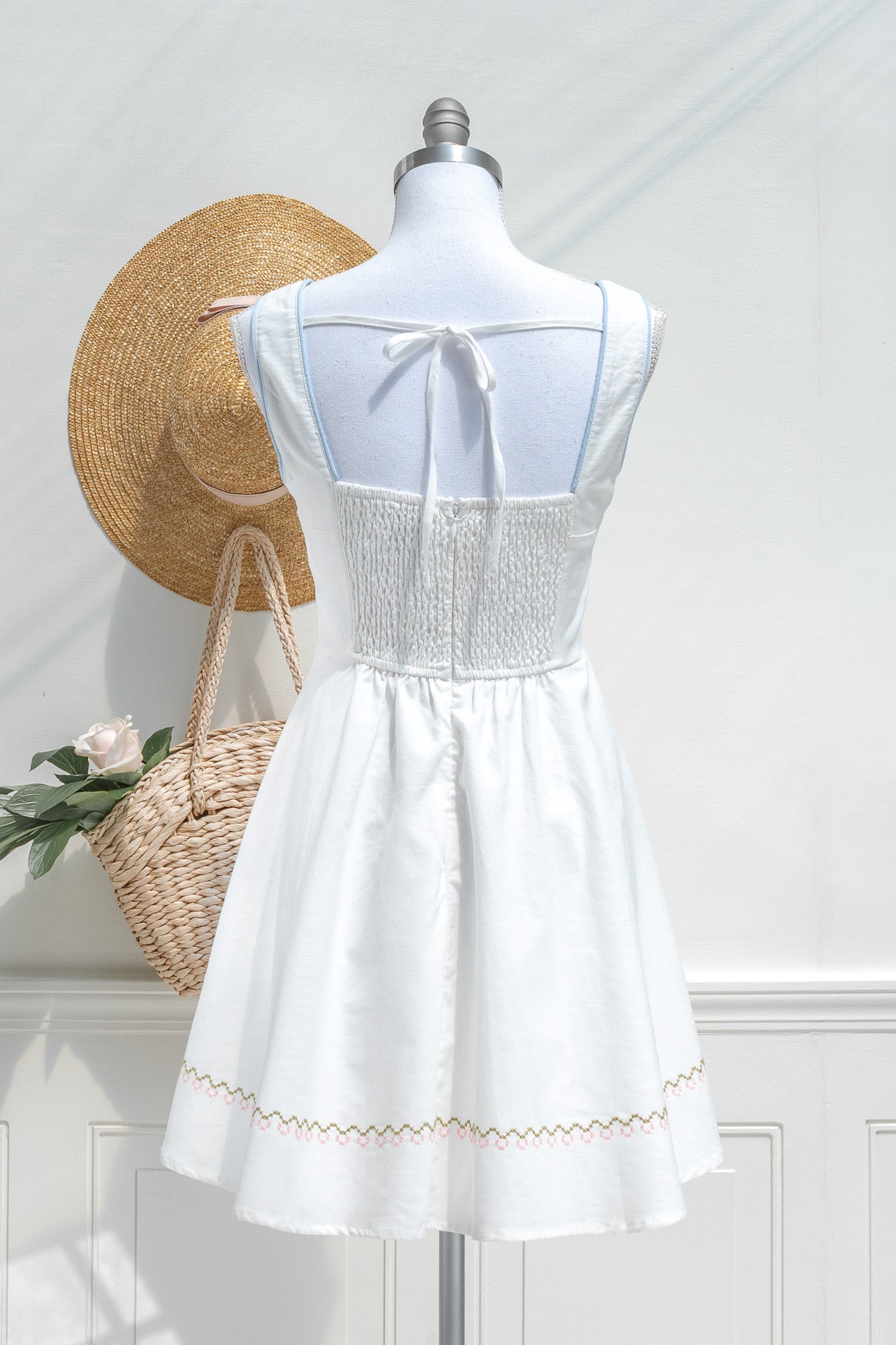 White Cotton Linen Mini Dress – Cross Stitch Floral Embroidery