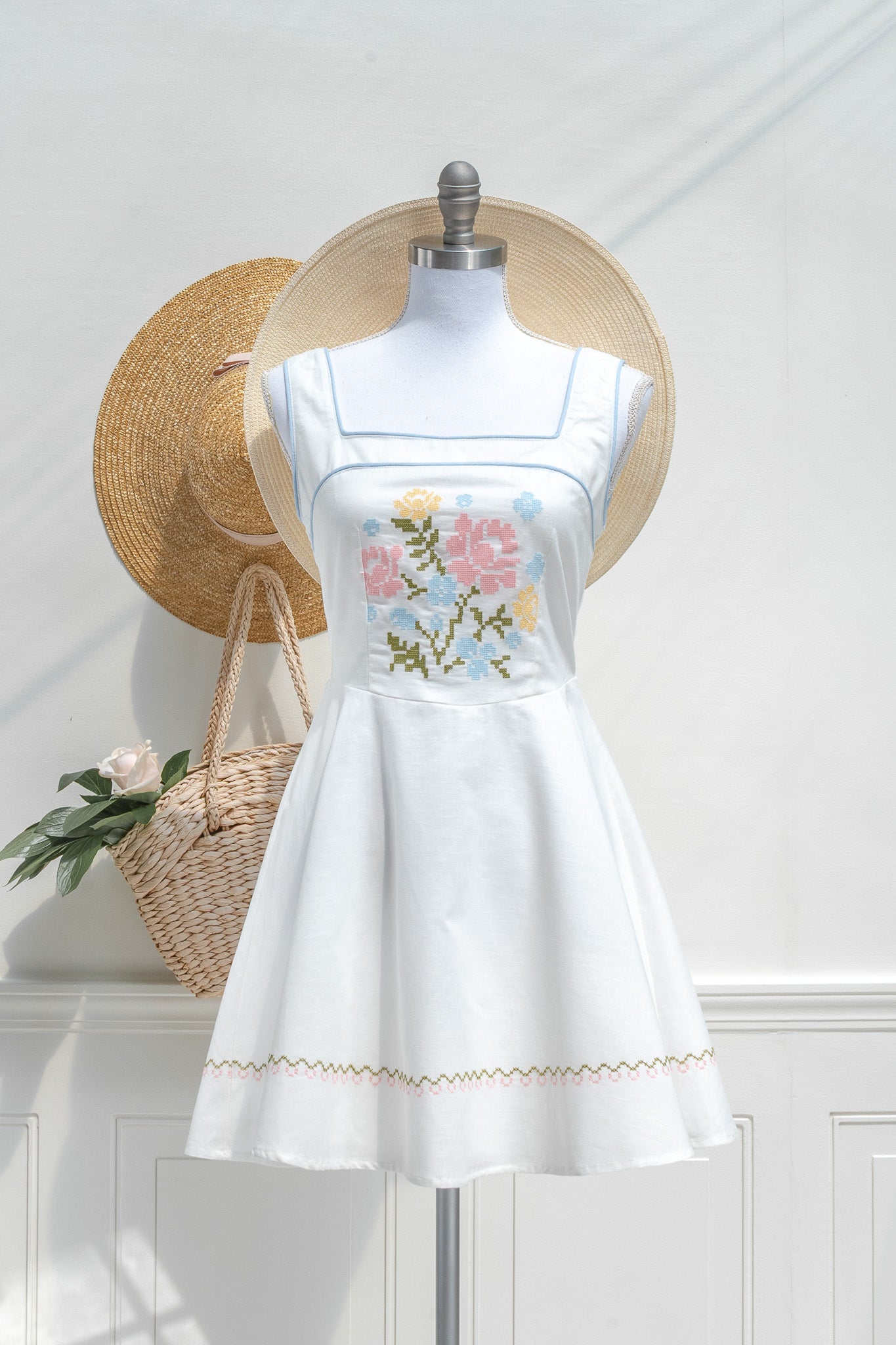 White Cotton Linen Mini Dress – Cross Stitch Floral Embroidery