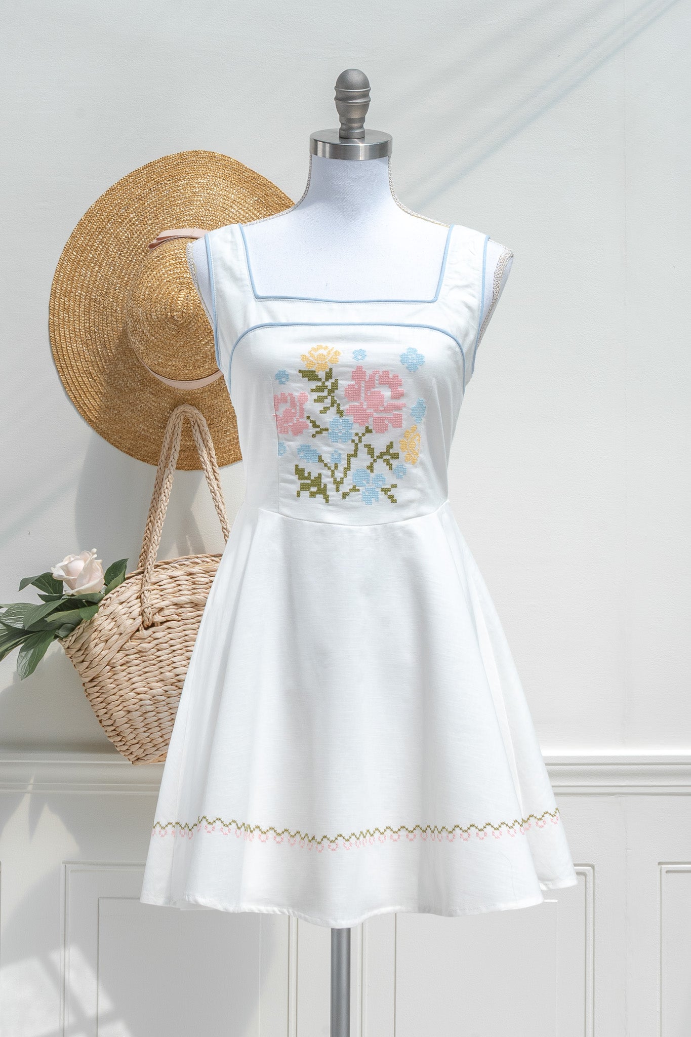 White Cotton Linen Mini Dress – Cross Stitch Floral Embroidery