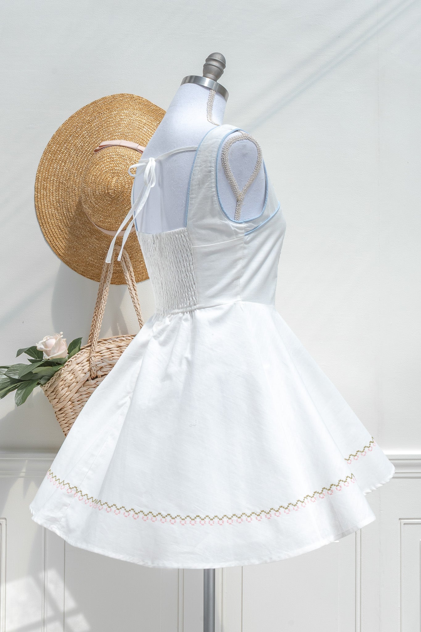 White Cotton Linen Mini Dress – Cross Stitch Floral Embroidery