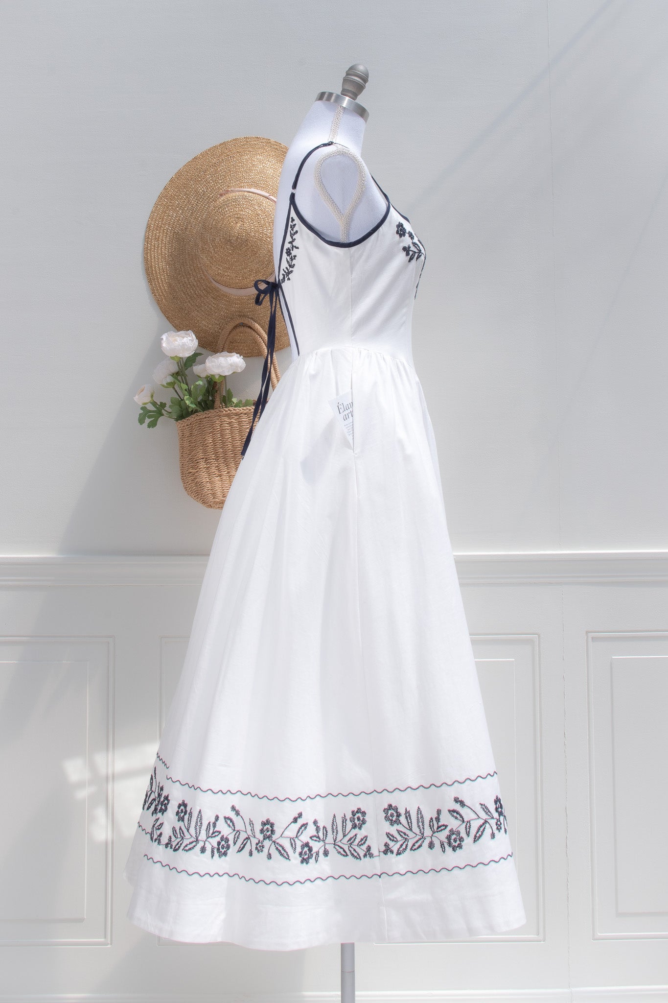 White Cotton Embroidered Midi Dress – Navy Trim Floral Border