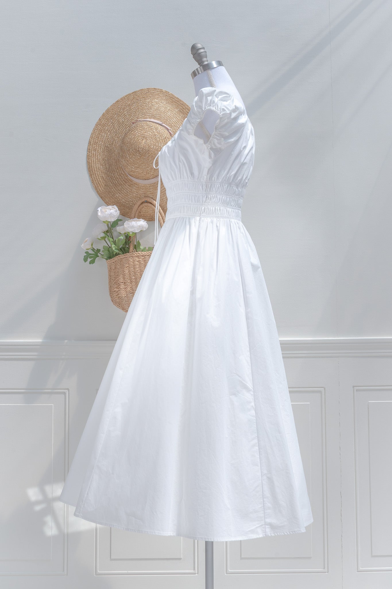 White Cotton Chemise Midi Dress – Smocked Waist Drawstring Neckline