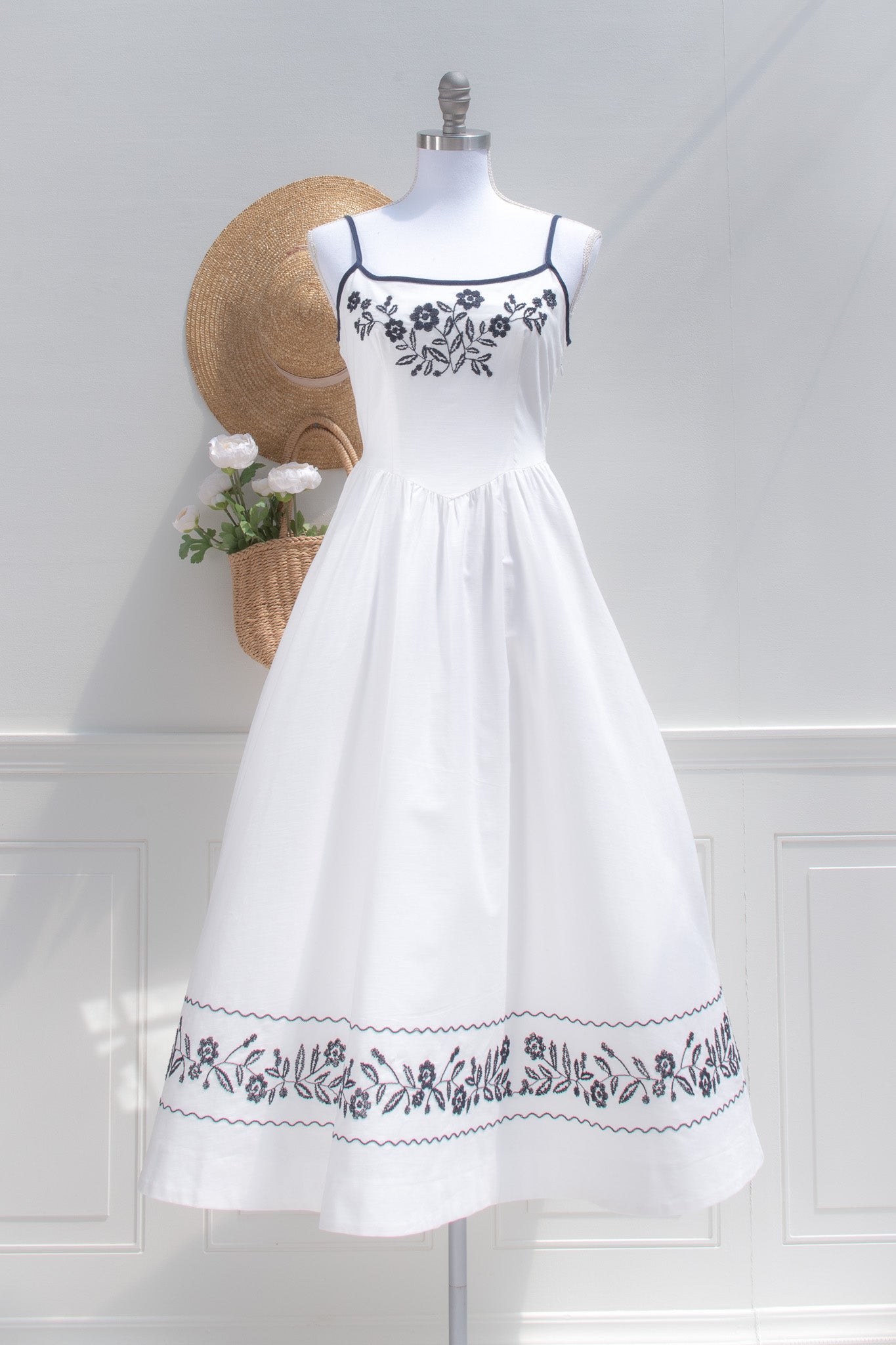 White Cotton Embroidered Midi Dress Navy Trim Floral Border | Amantine Medium White Cotton Embroidered Midi Dress Navy Trim Floral Border | Amantine Medium