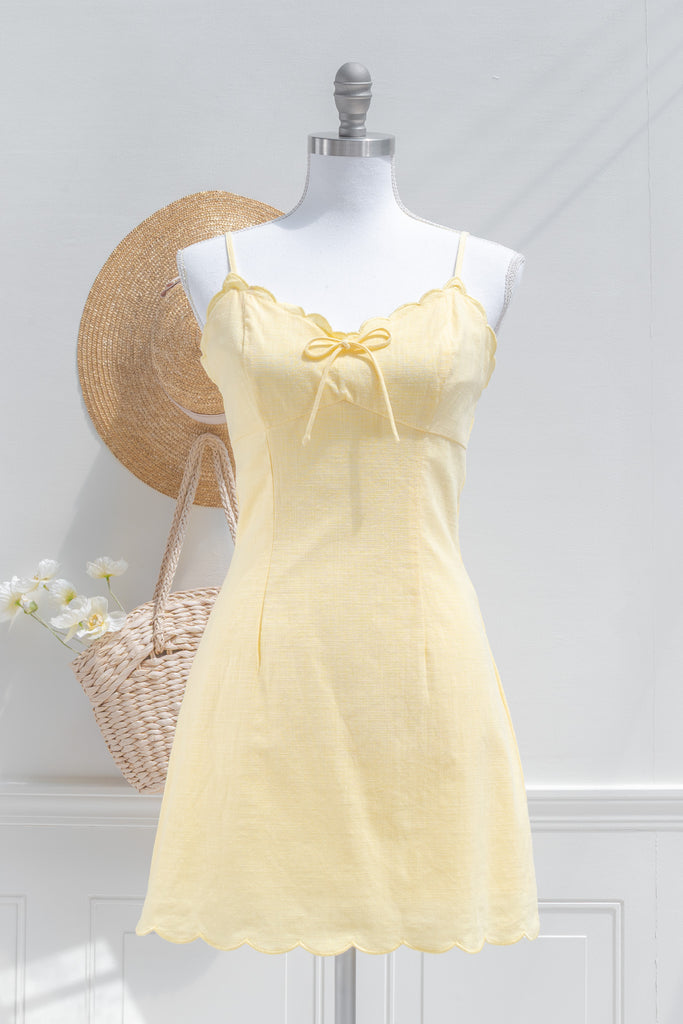 Yellow Cotton Mini Dress – Scalloped Sweetheart Neckline