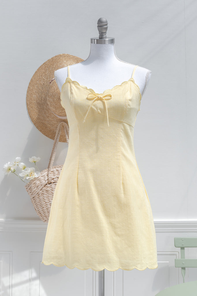 Yellow Cotton Mini Dress – Scalloped Sweetheart Neckline