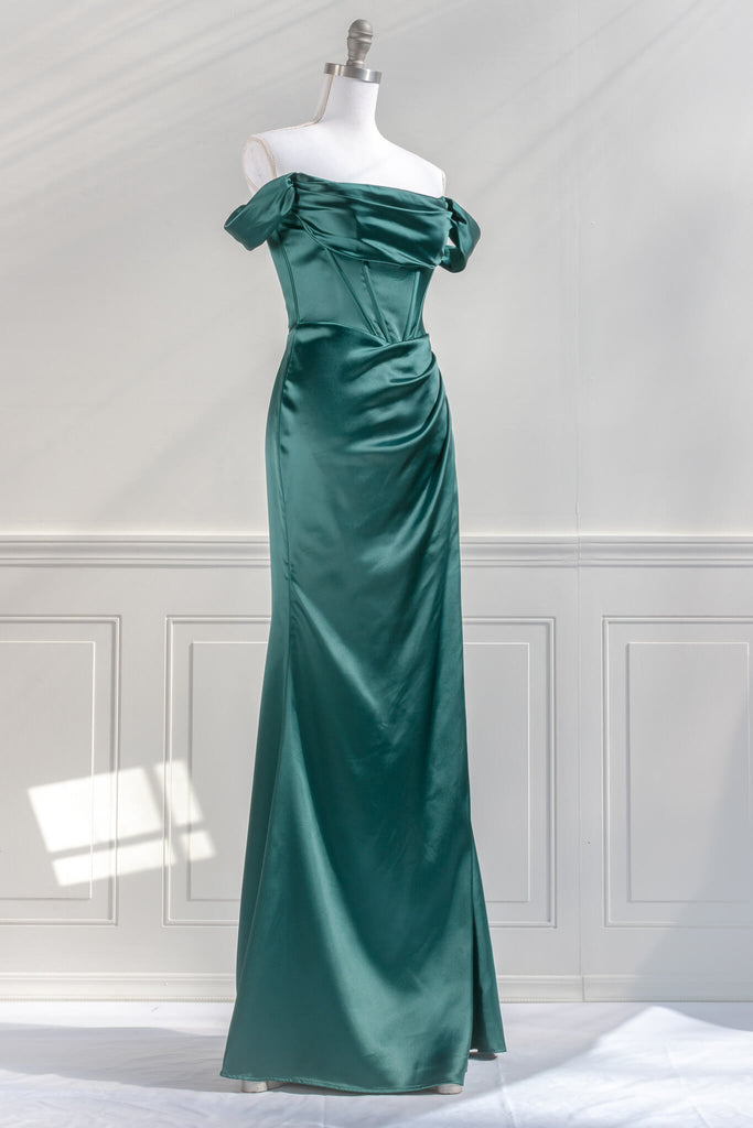 2023 prom dresses - an off the shoulder green satin, corset style long prom dress with a side slit. amantine - feminine aesthetic dresses