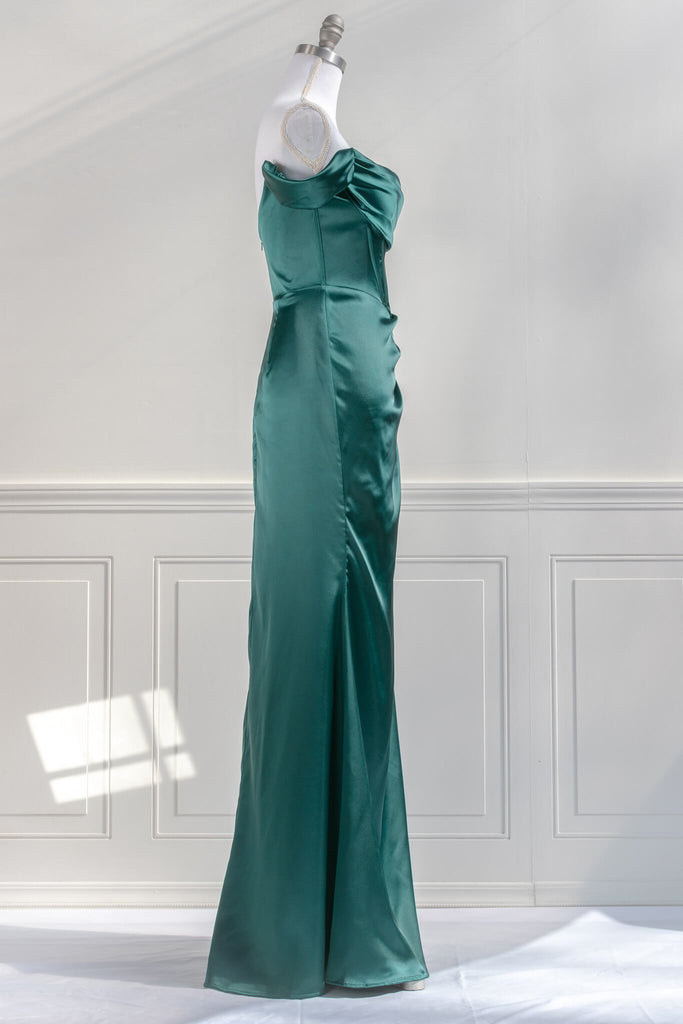 2023 prom dresses - an off the shoulder green satin, corset style long prom dress with a side slit. amantine - feminine aesthetic dresses
